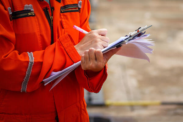 Writing down gas equipment test progress.
